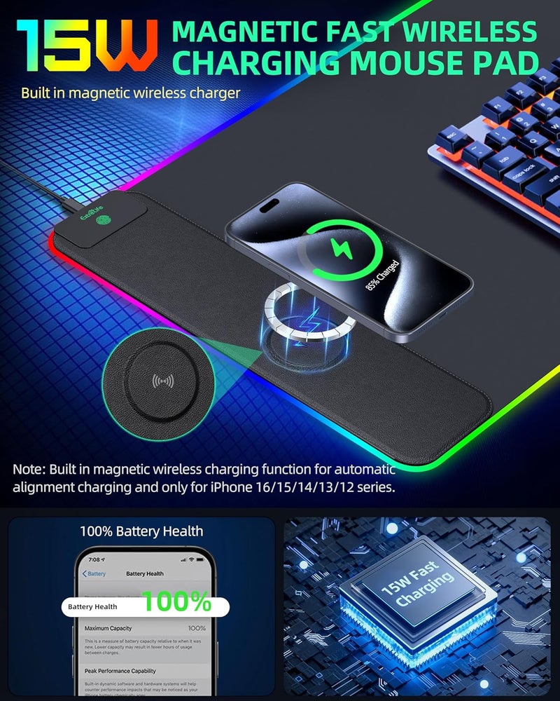 ExtreLife Mouse Pad with Wireless Charging, RGB Gaming Desk Mat, Large XXL Desk Pad, 15 Lighting Modes, Ultra-Smooth Surface, Non-Slip Mouse Mat, Waterproof Computer Keyboard Pad for Gamer, 800x400x4MM, Black - Image 2
